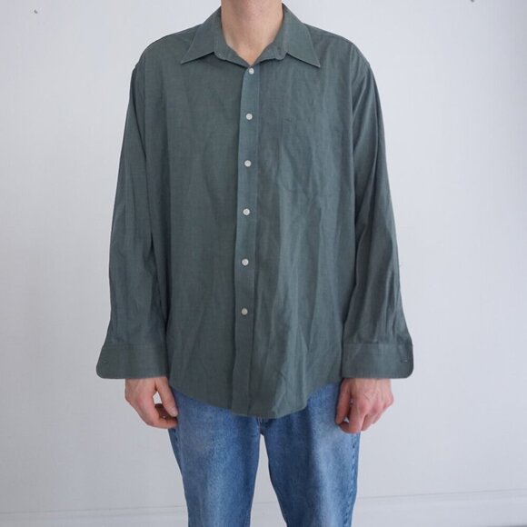 Vintage Pierre Cardin Olive Green Cotton Blend Button Up Dress Shirt 17 34/35 - Picture 1 of 10